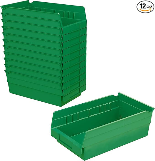 Akro-Mils 30130 Heavy Duty Plastic Shelf Bins, 12"x 6.5"x 4", Green, 12-Pk | Heavy Duty Nesting Storage Bins for Garage, Closet, Refrigerator, Kitchen, Cabinet, Drawer Organization, Pantry Organization