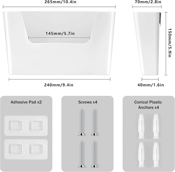 JOMOLA No Drilling File Holder 2 Pack Mail Organizer Wall Mount File Organizer Holder Office Wall Hanging Files Magazines Organizer Plastic Door Mount Wall Pocket with Adhesive Pad, White Color