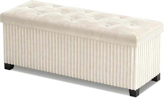 LITZFUR 43 Inches Storage Ottoman Bench, Velvet Foot Rest Stool, Beige | Folding Ottoman with Legs, End of Bed Bench, Storage Chest for Living Room, Bedroom