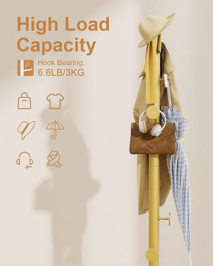Clothes Rack Freestanding, Coat Stand with 8 Hooks, Gold | Small Garment Rack with Heavy Rock Slab Base, Modern Metal Clothing Rack for Hanging Clothes with 8 Hooks for Bedroom, Office