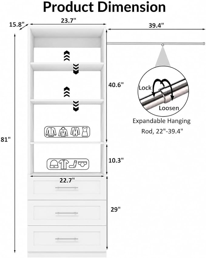 Closet System with 3 Drawers and 4 Shelves, Closet Organizer System with 1 Extra Side Hanging Rod, Small Walk in Closet System, 23.7"W x 15.8"D x 81"H, White
