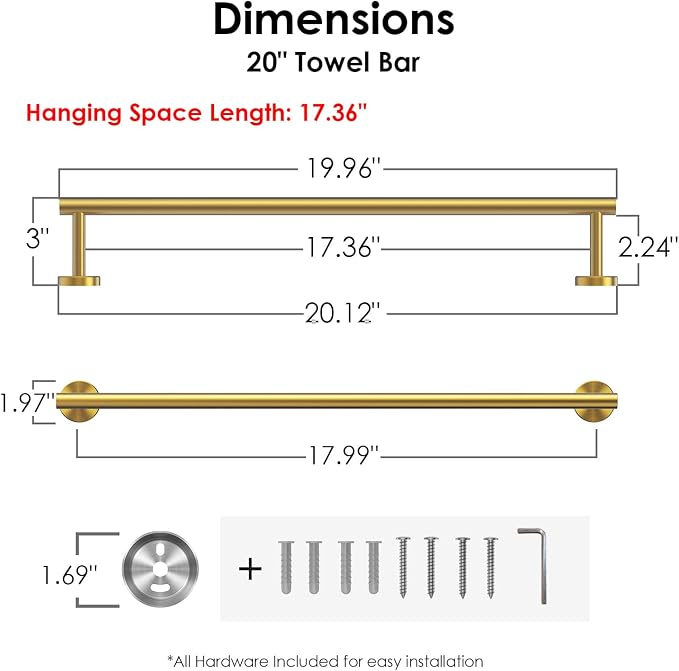 FORIOUS Towel Bar Wall Mounted, Stainless Steel Towel Racks for Bathroom, Includes Wall Mounting Hardware (Brushed Gold, 20 Inch) | Total Length 20 Inch, Rustproof, Stainless Steel Towel Holder, Wall Mounted for Bathroom Bedroom, Heavy Duty, Space Saving
