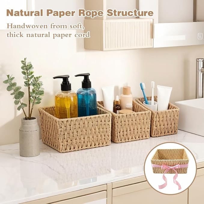Small Wicker Basket 3-Piece Set: Handwoven Natural Paper Rope Storage Baskets for Organization, Storage, and Home Decor (With a ribbon)