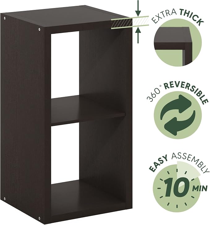 Furinno CUBICLE 2-Cube Book Shelf, Extra Thick Frame Bookshelf, Dark Oak | 14.6" x 16" x 30", Horizontally & Vertically Reversible Bookcase with Open Back, for Living Room, Bedroom, Home Office