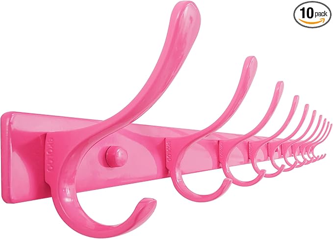 SKOLOO Coat Rack Wall Mounted - 10 Hooks, Heavy Duty, Stainless Steel, Metal Wall Hanger, Sturdy Coat Hooks for Hanging Coats, Jackets, Clothes, Hats - Pink