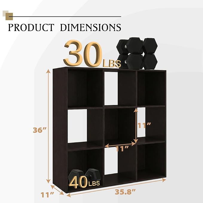 WannabeMyself【Sturdy Build&Easy Assembly】9 Cube Storage Organizer with Anti-Tipping Kits,Reversible Open Back Book Shelf, Bookcase for Living Room,Bedroom,Entrance Hall,Office,35.8×11.4×35.9,Chocolate
