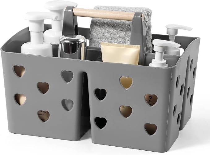 Portable Shower Caddy Plastic Shower Basket Organizer with Handle, Grey | Divided Bathroom Caddy Storage Cleanning Caddy Tote for College, Dorm Room, Kitchen