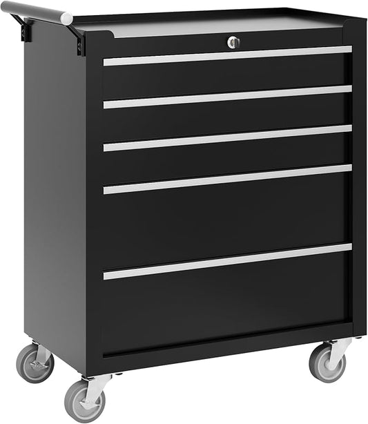 Garvee Rolling Tool Chest, 5 Drawers Tool Storage Cabinet, Toolbox with Wheels, Portable Tool Cabinet Organizer with Locking System & Drawer Liners, Tool Storage Cart for Garage, Workshop, Black