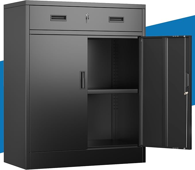 Metal Storage Cabinet, 36" Locking Cabinet with Adjustable Shelves for Garage, Office (Black, 1 Drawer)