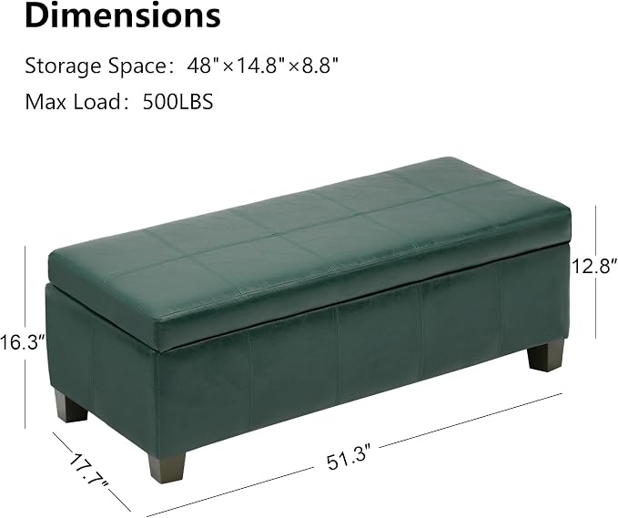 51 Inch Storage Ottoman, Storage Bench with Safety Hinge, Upholstered Synthetic Leather Ottoman Bench for Bedroom, Living Room, Entryway, Hallway, Foot Rest, Support 500lbs