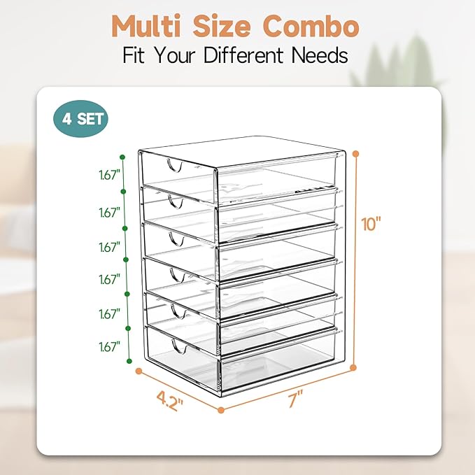 DOMNIU Acrylic Makeup Drawer Storage Organizer with 24 Drawers, 4 Set | Office Desk Organization and Storage, Dustproof Drawer Organizer for Makeup, Countertop, Jewelry, Desktop, Bathroom, Bedroom
