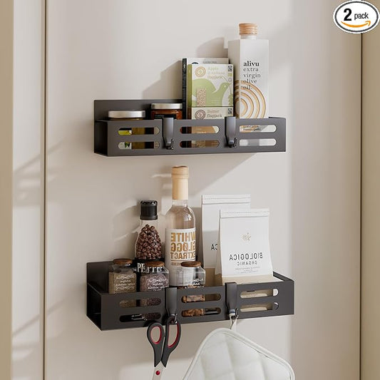 SETBAOO 2 Pack Magnetic Spice Rack for Refrigerator, Black Magnetic Shelf and Fridge Kitchen Cabinet Organizers Storage Seasoning Organization Mini Shelves, Organizadores de Cocina