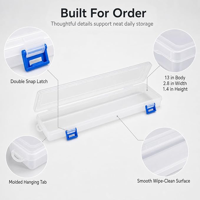 QWORK Translucent Plastic Paint Brush Holder 13" Long (33x7x3.5cm) – Clear Storage Box with Snap Closure for Art Supplies, Watercolor Pens & Drawing Tools Organizer
