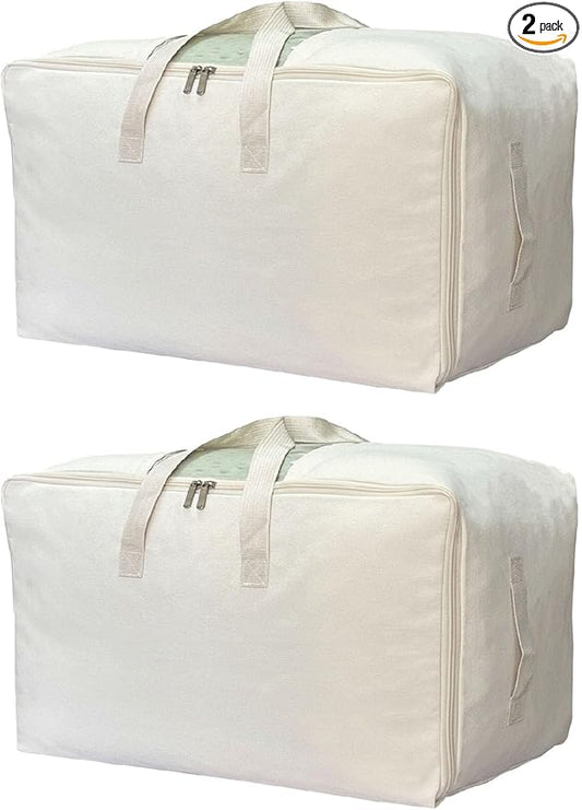 DoYiKe Soft Canvas Clothes Storage Bags with Four Carrying Handles and Clear Window, Closet Organizer for Clothing, Blankets Sheets and Bedding, 55L, 2 Pack, Beige
