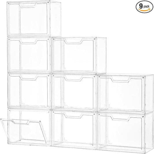 Freebat Stackable Storage Organizers, Clear Acrylic Display Case, 9-Pack Acrylic Boxes with Lids, Clear Storage Containers Storage for Handbags, Collectibles & Figures