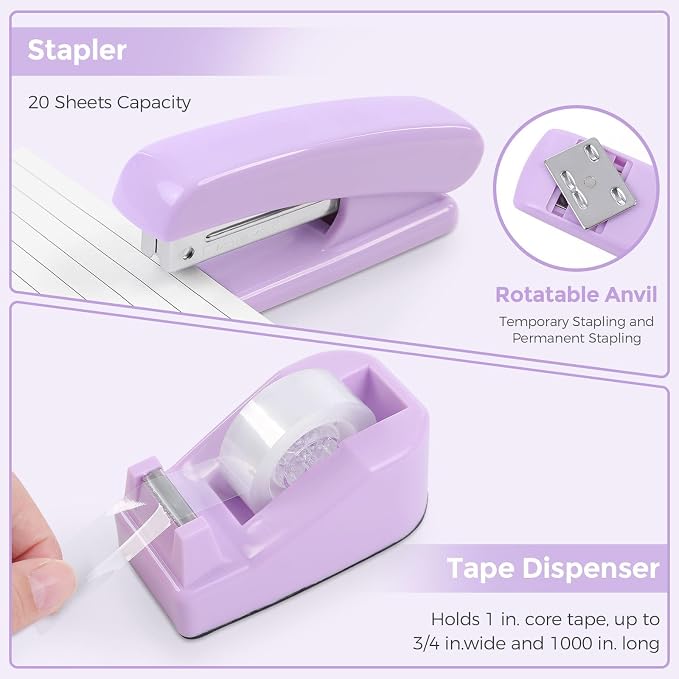 SKYDUE Purple Office Supplies, Purple Desk Organizer for Kids, Mesh Desk Organizer, Stapler, Tape Dispenser, Scissors, Binder/Paper Clips and 1000pcs Staples, Girls Desk Accessories