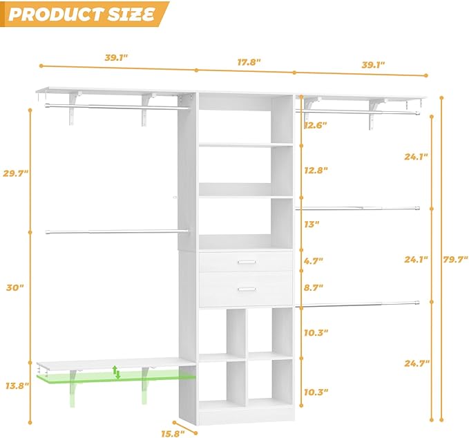 Besiost Closet System - 5-8FT Closet Organizer System with Wooden Drawers & Cube Storage Organizer, Up To 96" Closet Systems for Nursery & Walk-In Closets with Cuttable Hanging Shelving, White