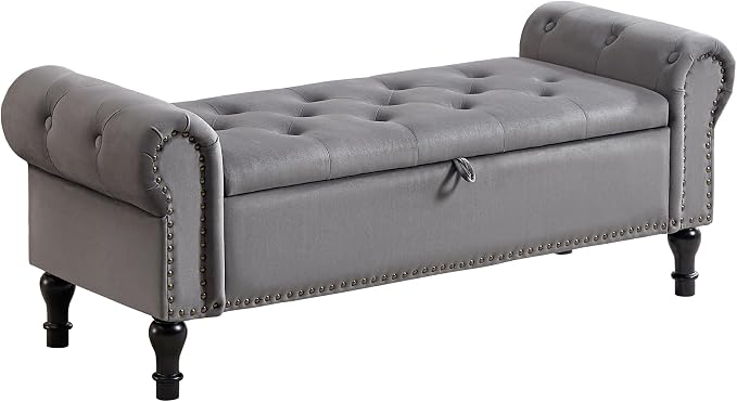 51" Storage Bench for Bedroom, Velvet End of Bed Bench, Queen Size Bench with Rolled Arms, Tufted Storage Ottoman Benches, Upholstered Bench for Bedroom, Living Room, Entryway, Grey