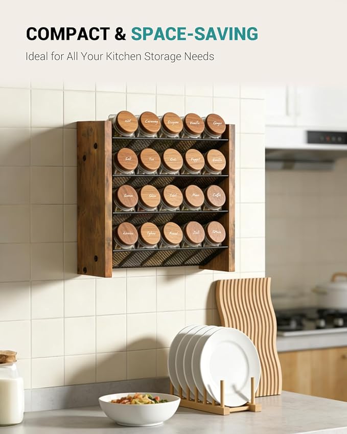 NESAPTO Spice Rack Organizer for Cabinet, Wood 4-Tier Vertical Seasoning Organizer, Wall Mount or Countertop Spice Shelf, Holds 20 Jars (No Jars Included), 10.3" W x 10.3" H