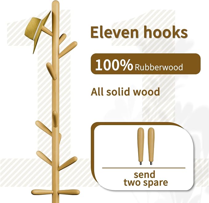Solid Wood Coat Rack, Freestanding Tree-Shaped Coat Rack with 11 Hooks, Main Pole 1.6" dia for Clothes, Hat Stand Used in Bedroom/Office/Entryway (3-Leg Base, Natural Beige)