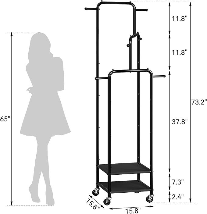 Chrislley Small Clothing Rack With Wheels & 2 Shelves, Narrow Clothes Rack | 3-Section Different Heights Metal Rolling Garment Rack, 71" Tall Portable Coat Rack with 6 Hooks for Bedroom, Entryway, Black