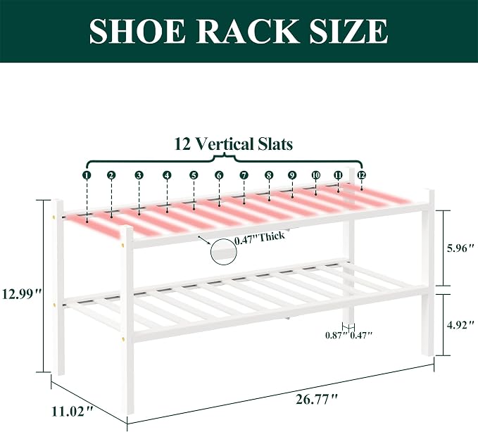 Smiry Bamboo Shoe Rack, 12 Vertical Slats, 2 Tier - 26.8" Wide, White | Stackable Free Standing Wooden Shoe Organizer, Wood Shoe Storage Shelf for Closet, Entryway