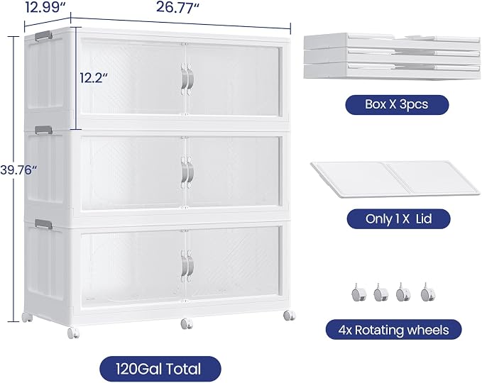 360QT Extra Large Stackable Storage Bins with Lid, 90Gal Plastic Closet Organizers and Storage Drawer, Collapsible Cabinet Box with Wheels Clear Doors for Home Kitchen Office, 3Pack White