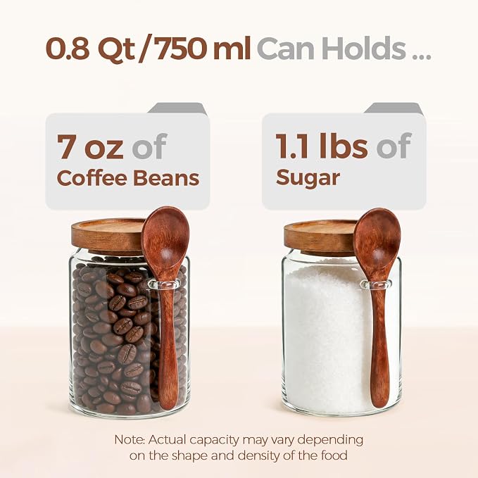 ComSaf Coffee Storage Canister with Acacia Wood Lids & Scoops 0.8Qt 2Pack | Glass Containers for Coffee Lover, Whole Beans Grounds Sugar, Coffee Bar & Office Tabletop, Jars with Labels, Lead-Free
