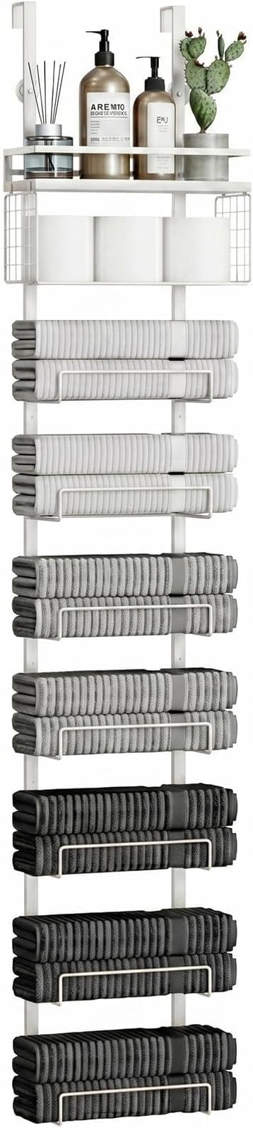 Aetyord Towel Racks for Bathroom Over The Door Towel Racks Towel Storage Organizer with Metal Shelf Basket for Bathroom Rv Camper (9-Tier White)