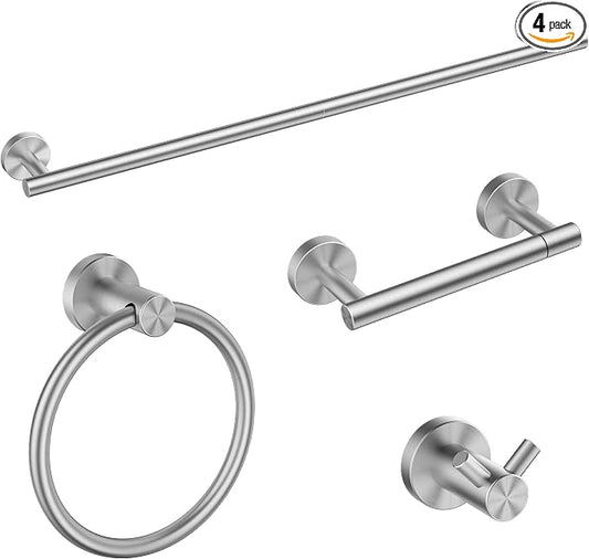 FORIOUS Bathroom Accessories, 4-Piece Bathroom Hardware Set - 24" Towel Bar | Brushed Nickel | Towel Hooks, Towel Racks for Bathroom, Toilet Paper Holder Wall Mounted, Towel Ring | SUS304 Stainless Steel