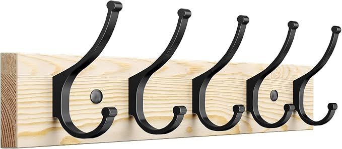 Optish 1 Pack Wooden Coat Rack Wall Mount, 16.1" Rustic Coat Hanger Hooks with 5 Double Hooks, Wall Coat Rack for Hat, Clothes, Bags, Jacket, Natural Wood