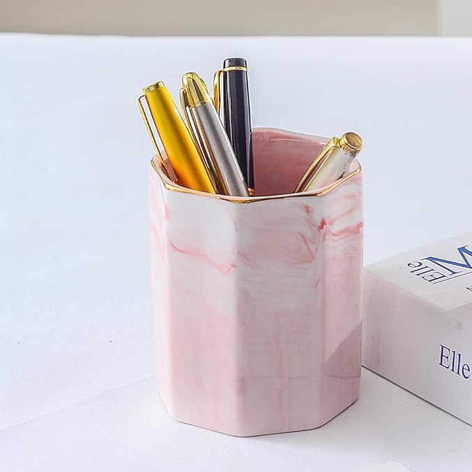 Desk Organizer Set of 2 For Office, Pen Holder and Paper Clip Holder, Ceramic Cute Pencil Cup for Desk, Paper Clip Dispenser for Desktop, Makeup Brush Holder Ideal Gifts for Women, Mom (Pink)
