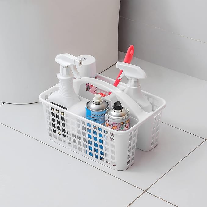 Portable Shower Caddy Basket Plastic Storage Basket with Compartments White | Sturdy Large Capacity Cleaning Supplies Organizer Divided Tool Bin for Bathroom Kitchen Bedroom College Dorm Essentials