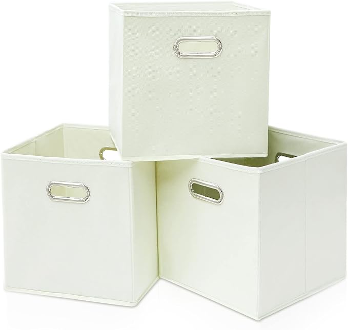 Black Fabric Cubby Storage Bins,13x13x13 Inches ,Cube Organizer Bin Foldable Storage Boxes with Dual Handles Fabric Organizer Box and collapsible Storage basket,Set of 3,Creamy-White