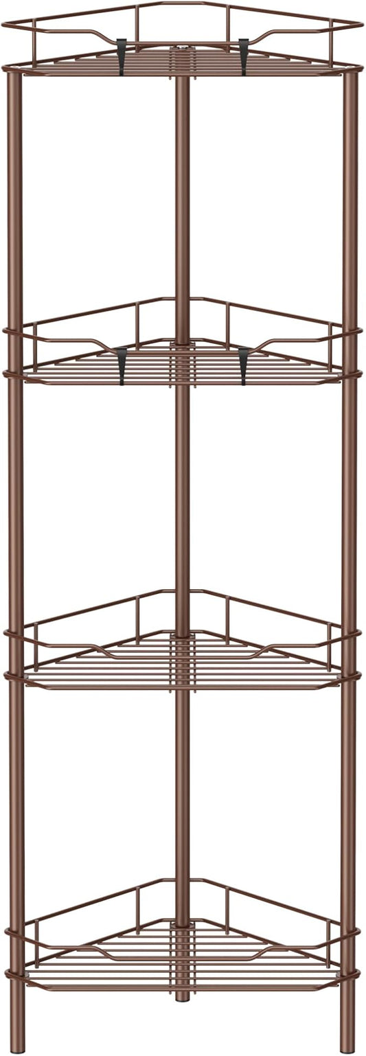 HuggieGems 4 Tier Floor Standing Corner Shower Caddy Organizer Shelf with Hooks, Bathroom Shelves Stand Rack, Coffee