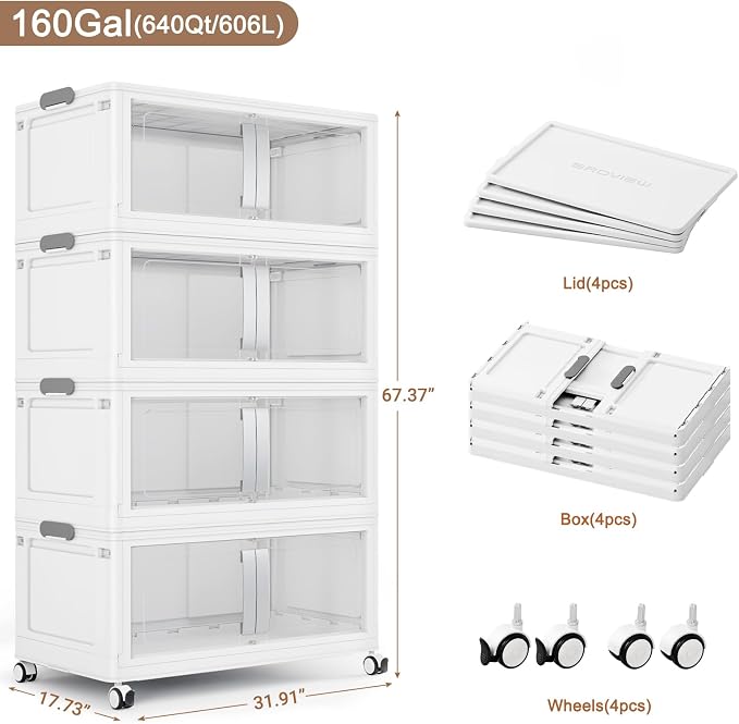 BROVIEW 640Qt Extra Large Stackable Storage Bins with Lids, 160Gal Collapsible Storage Bin with Wheels Clear Door, Folding Plastic Closet Organizers and Storage Drawers for Home Kitchen, 4 Pack White