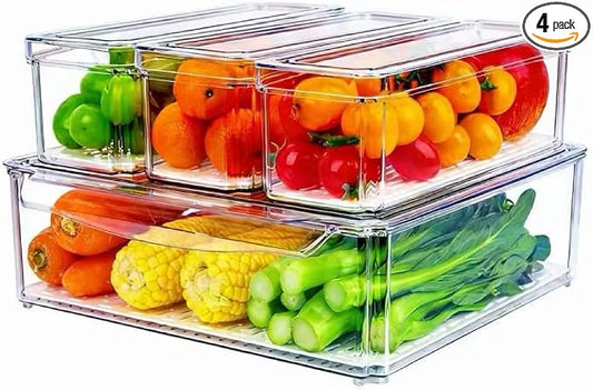 ZIJUND 4 Packs Fridge Organizers and Storage, Refrigerator Organizer Bins | Stackable BPA-Free Refrigerator Organizers and Storage Containers for Fruit, Vegetable, Food, Drinks, Cereals, Clear
