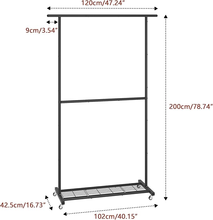 Sywhitta Double Rod Metal Clothing Rack on Wheels with Bottom Mesh,Black | Rolling Garment Organizer, for Hanging Clothes,Coats,Easy to Assemble,Space-Saving,Mobile Organizer for Closet