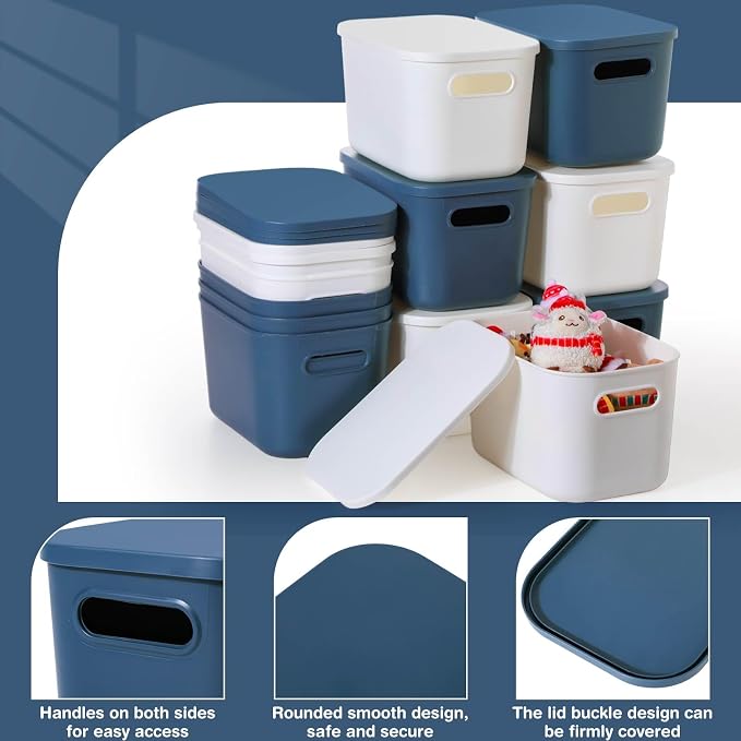 Thyle 12 Pack Blue White Plastic Storage Bins with Lids, Back to School Stackable Storage Container with Handle Label for Organizing Toy Craft for Classroom Shelf Bedroom Office 10 x 7 x 6 Inch
