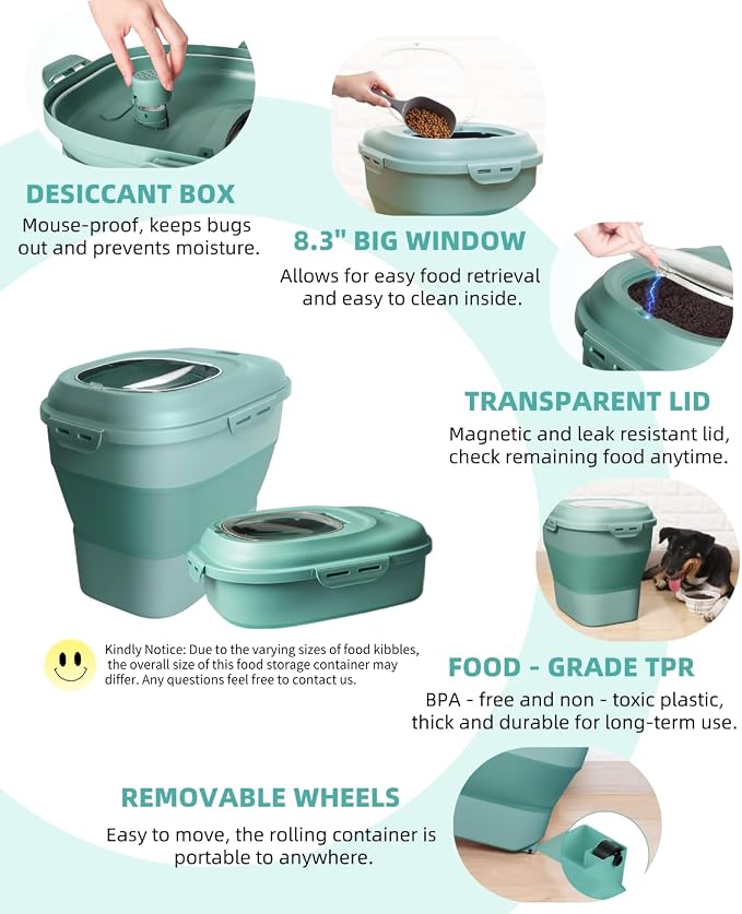 30-35Lbs Dog Food Storage Container Airtight,Collapsible Dog Food Container | Large Pet Food Storage Container with Double Airtight Seal & Magnetic Lid,Cat Food Container with Wheels,2Pcs Container,Scoop
