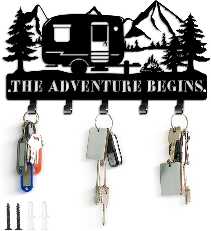 Maitys Keyholder Wall Decorative Metal Camper Key Rack Hanger with Hooks Christmas Decor Rustic Key Hook for Wall Mounted Decor for Entryway Front Door(11.02 x 5.51 Inch,Adventure Style)