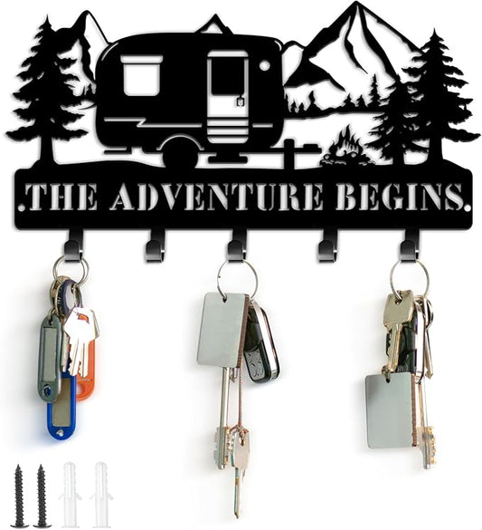 Maitys Keyholder Wall Decorative Metal Camper Key Rack Hanger with Hooks Christmas Decor Rustic Key Hook for Wall Mounted Decor for Entryway Front Door(11.02 x 5.51 Inch,Adventure Style)