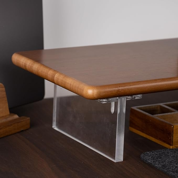 Bamboo Monitor Stand Riser, Brown Desk Shelf with Acrylic Legs | 31.5-Inch Wide, 3.3-Inch Clearance, Fits Monitor, Laptop, Printer and Speakers for Small Desks