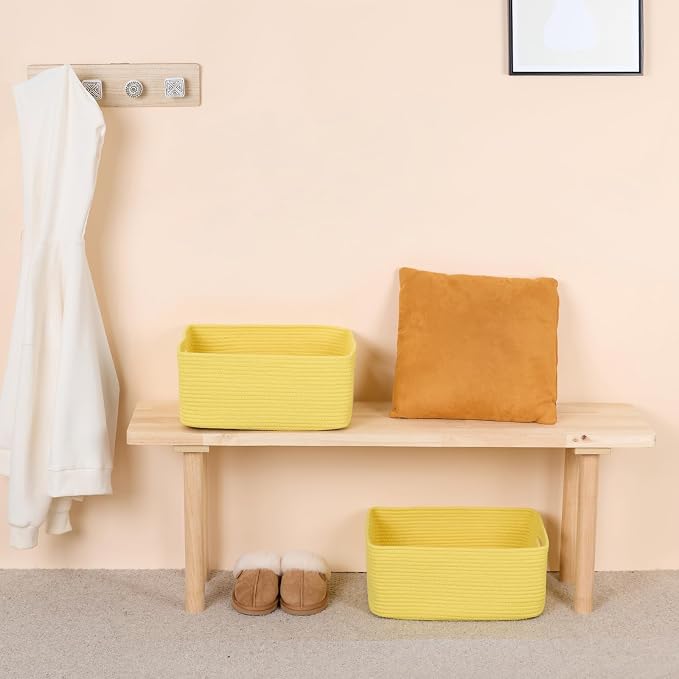 MiniArk Large Storage Baskets for Organizing, 17 x 13 x 7.5” Closet Shelf Baskets for Clothes Blanket Towels, Baby Nursery, Toy Bins Box, Woven Rope Baskets, 4 Packs Yellow