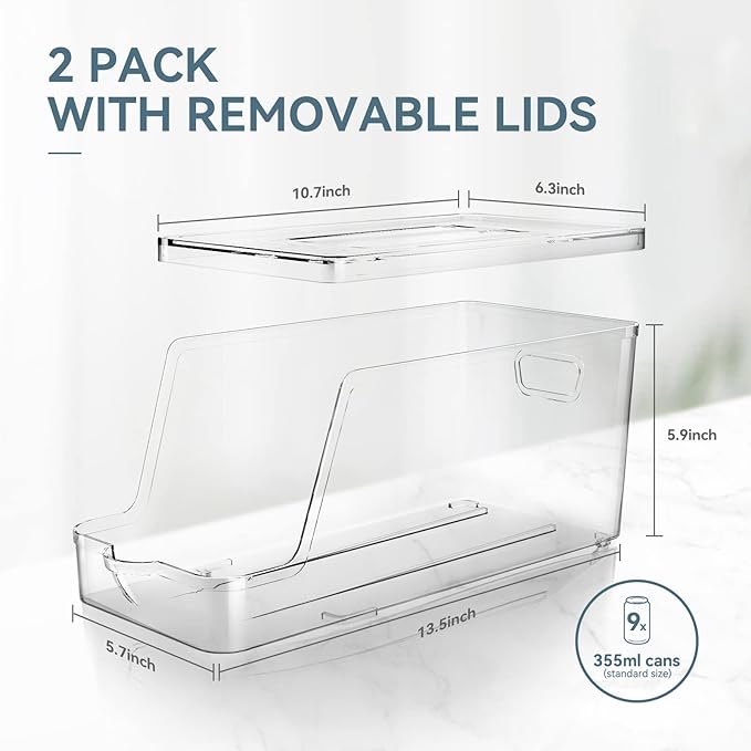 theaoo Soda Can Dispenser for Refrigerator with Lids, Stackable, 2 Pack | Clear Drink Organizer With Lids For Refrigerator Storage. Pantry Organizers And Storage For Fridge And Kitchen Cabinets