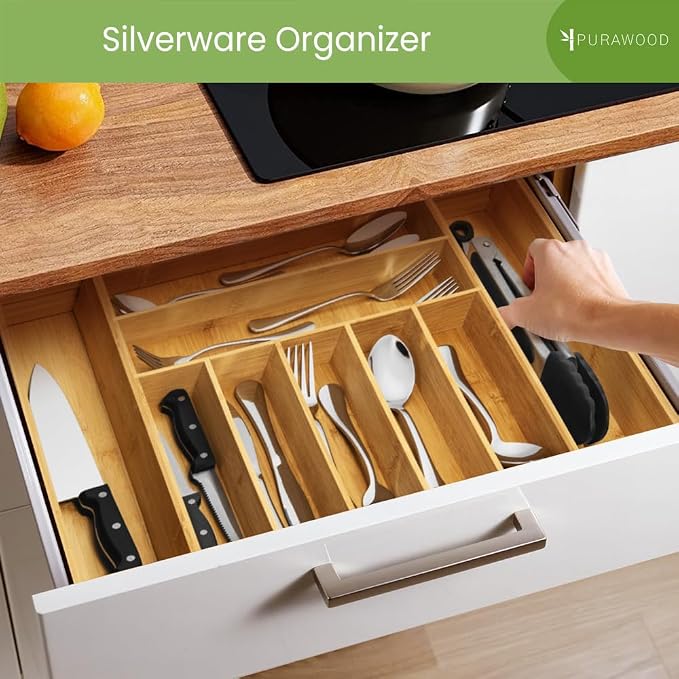 Purawood Bamboo Drawer Organizer, 2 Pack - Expandable Silverware Organizer & Utensil Organizer, Cutlery Tray with Dividers, 7-9 Slots- Premium Kitchen Organizer for Utensils & Flatware (Natural)