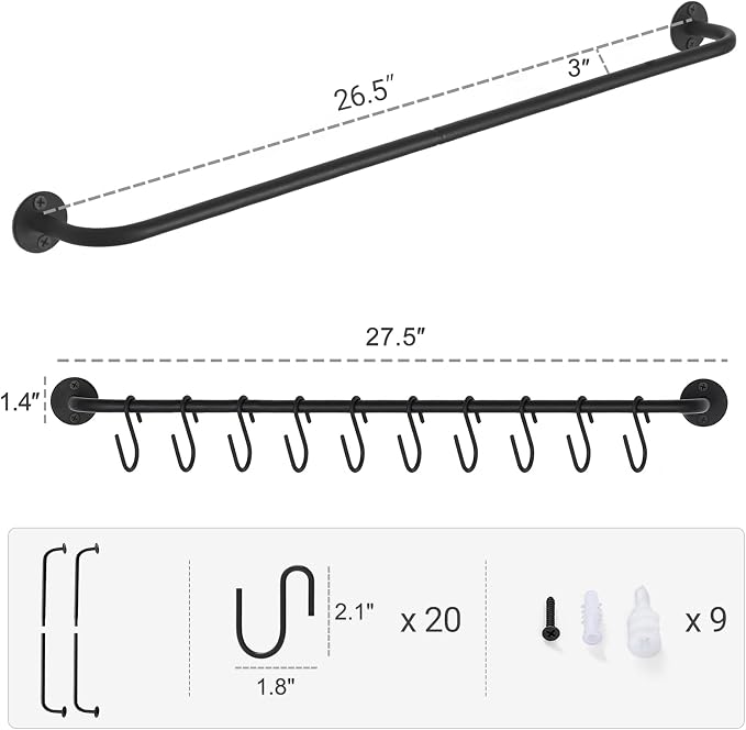 Mkono Wall Mounted Mug Holder, Coffee Cup Hanger Rack with 20 Hooks, 2 Pack | Kitchen Rod, Space Saving, Easy Assembly, Wall & Under Cabinet, Durable Metal, Kitchen Dining Bar Organizer, Multi-Function