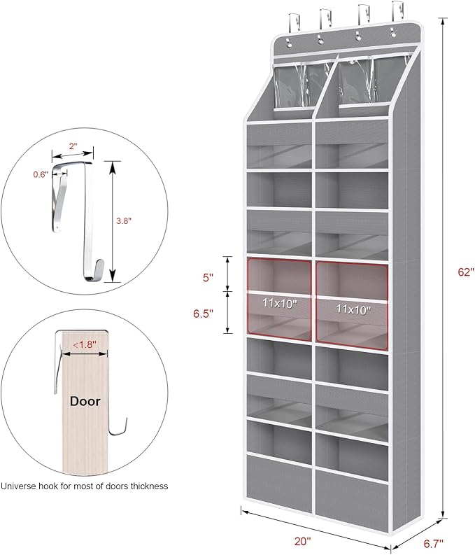 Univivi Upgraded Over the Door Organizer for Baby Nursery, Grey, 6-Shelf | Fabric Door Organizer with Clear Window Deep Pockets, Over Door Hanging Organizer for Baby Essential, Bedroom, and Dorm