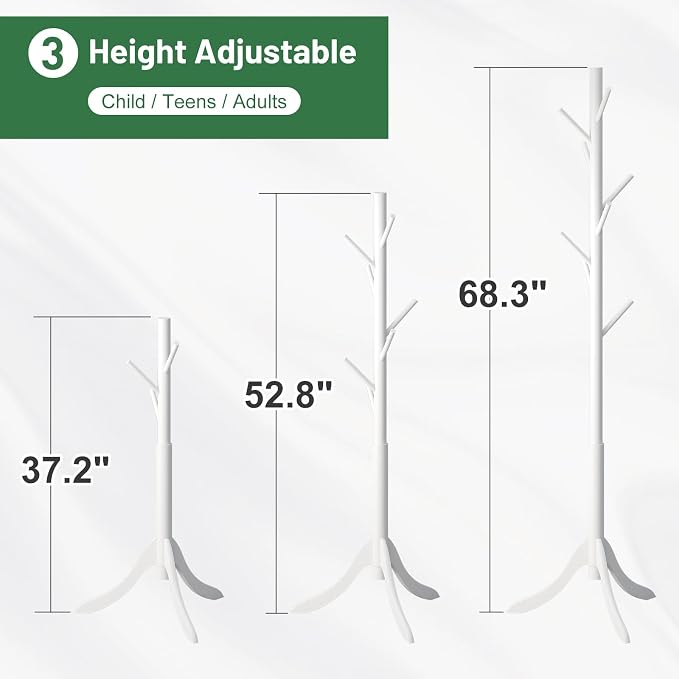 kiplant Coat Rack Stand with 8 Hooks, Adjustable Coat Standing Tree Easy Assembly for Coats, Hats, Scarves and Handbags for Entryway, Hallway, Bedroom, Office (Bamboo, White)