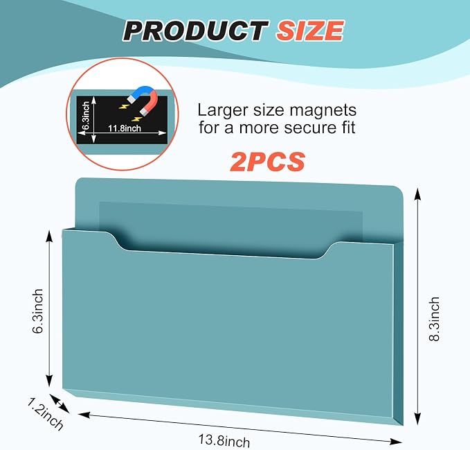 Feifeiya 2 Pcs Magnetic File Folder Wall Hanging Holder Large Pocket Paper Magazine Mail Organizer for Refrigerator Classroom Locker Whiteboard(Horizontal,Haze Blue,13.8 x 8.3 Inches)